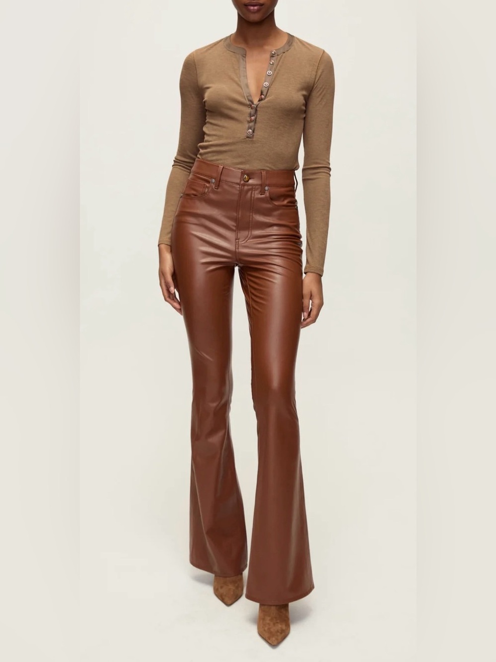 Veronica Beard Beverly High Rise Skinny Flare Faux Leather Pants Brown 25